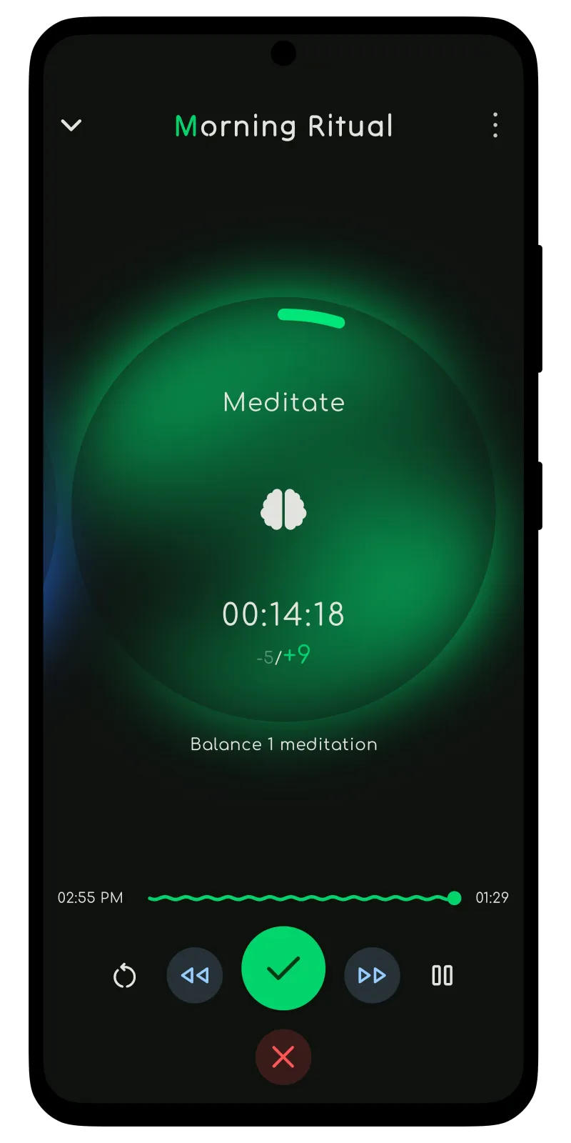 A mobile app displaying a colorful meditation timer 