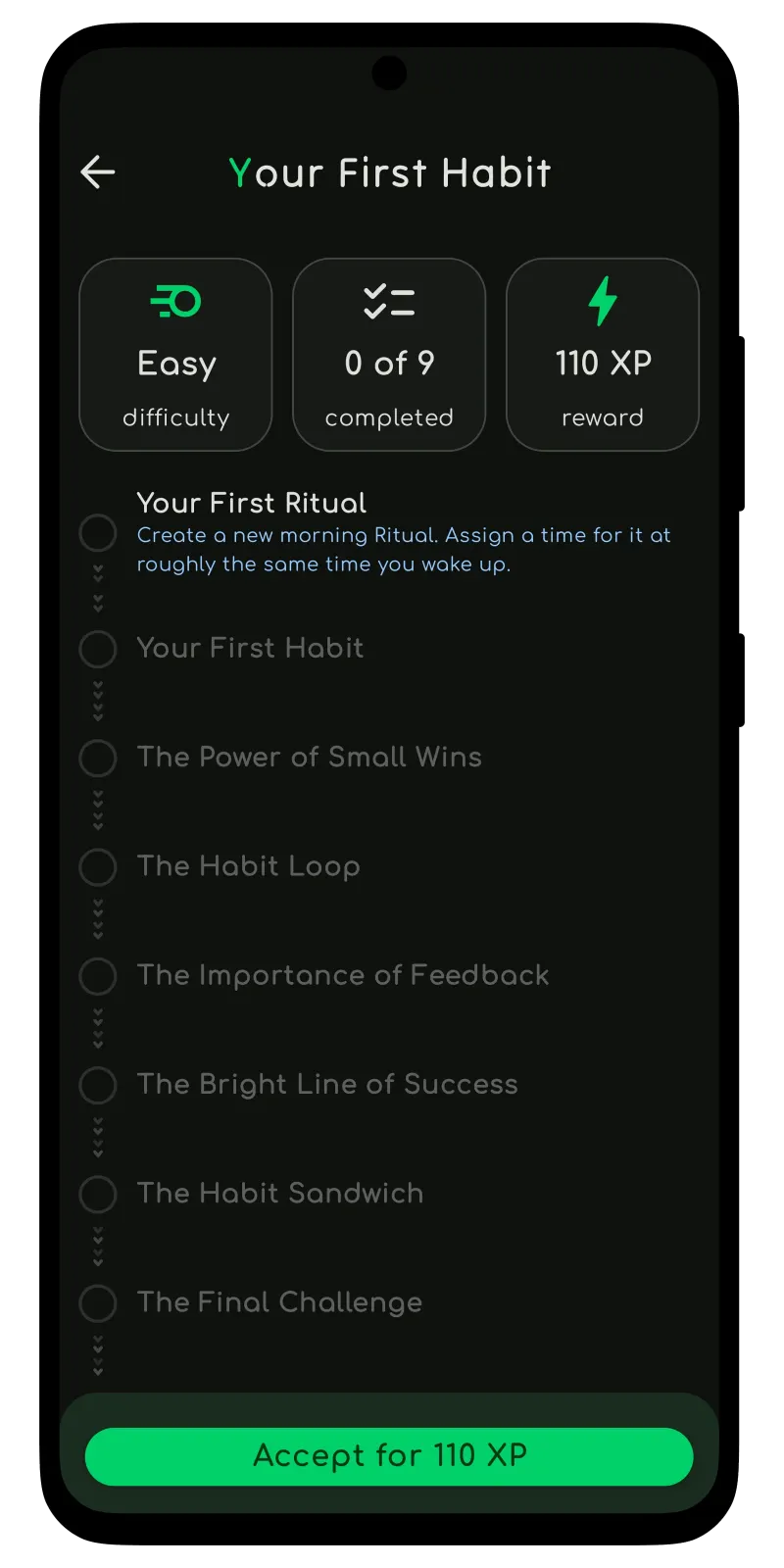 A mobile app displaying a list of tasks for a self-improvement coaching journey